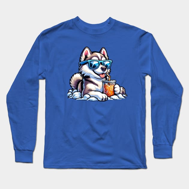 Siberian Husky Drinking Iced Tea Wearing Sunglasses Long Sleeve T-Shirt by Beverage Beasts